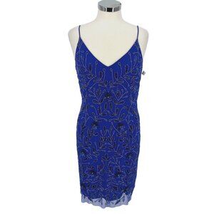 Marina Sequin Beaded Embellished Mesh Cocktail Party Dress Blue Size 4 NWOT